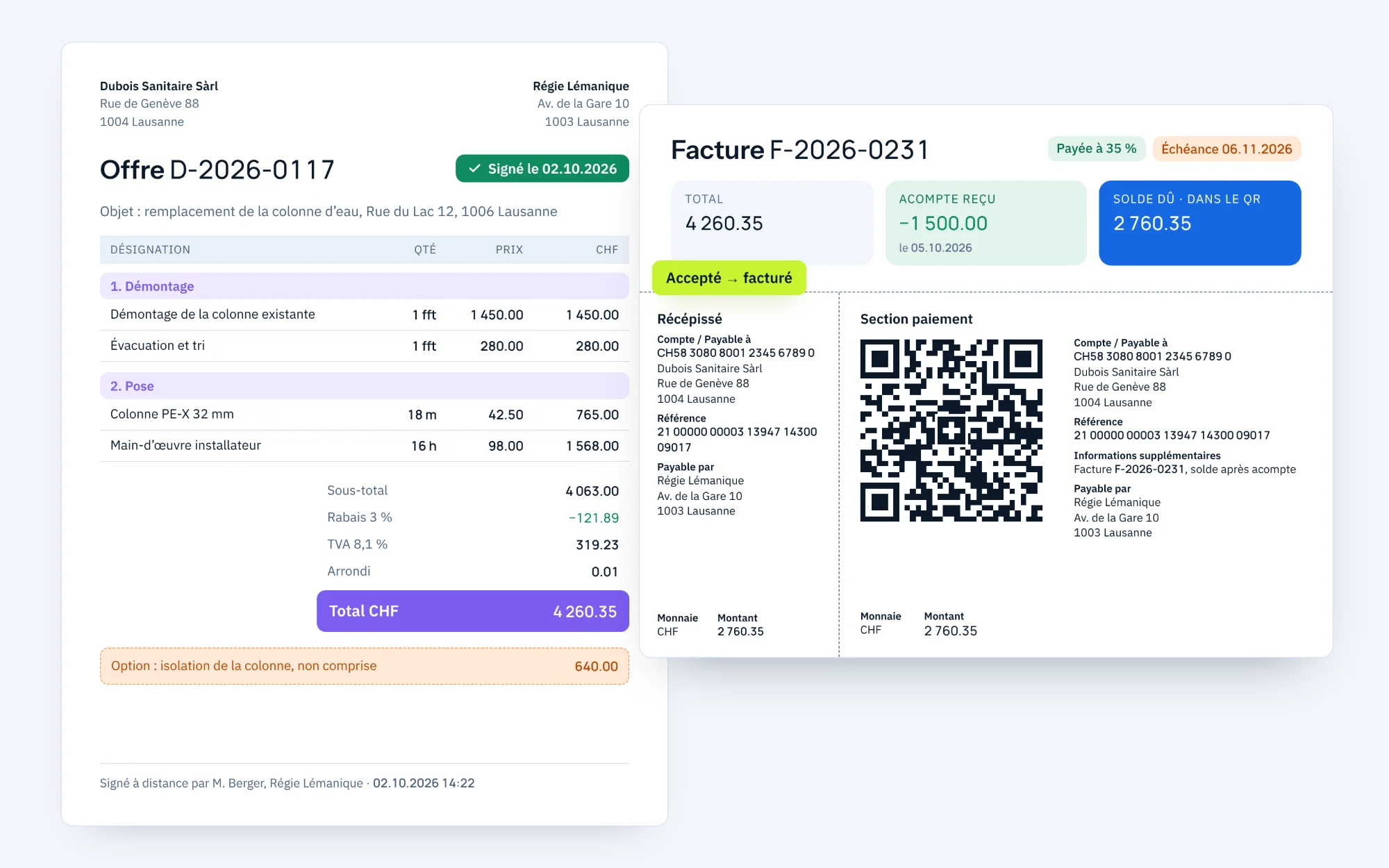 Un devis chiffré et la facture qui en découle, avec son bulletin QR.