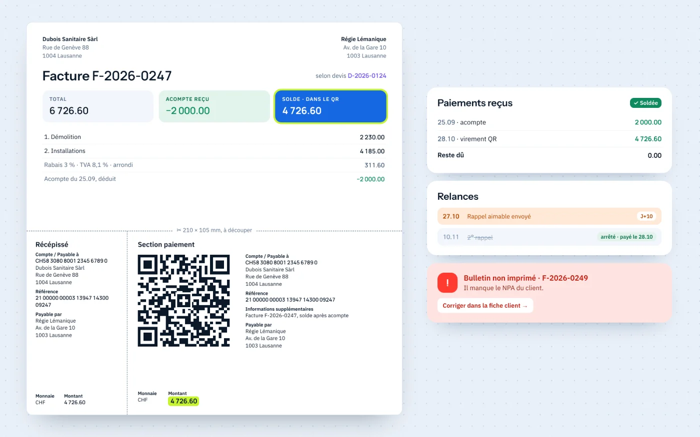 La facture avec son bulletin QR suisse : l’acompte déjà versé déduit, le solde seul repris dans le code, les paiements reçus, les relances arrêtées dès le paiement, et l’alerte d’un bulletin non imprimé faute de NPA.