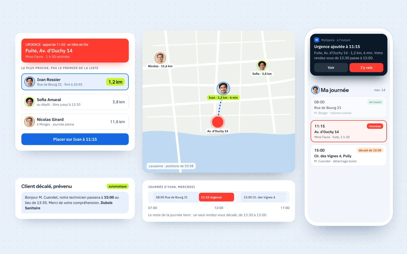 Une fuite appelée à 11 h 02 : les trois techniciens classés par distance plutôt que par ordre de liste, la carte qui situe Ivan à 1,2 km, le reste de sa journée qui tient avec un seul rendez-vous décalé, et le message envoyé au client déplacé.