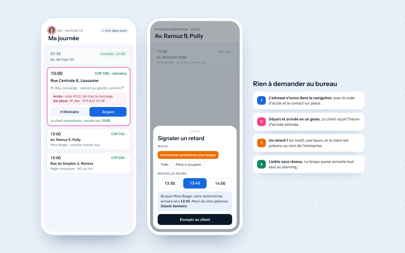 La journée d’une technicienne sur son téléphone : l’heure, l’adresse, le client, le travail et le prix convenu, le code d’accès et le contact sur place, le bouton de départ, et le signalement d’un retard avec le message envoyé au client.